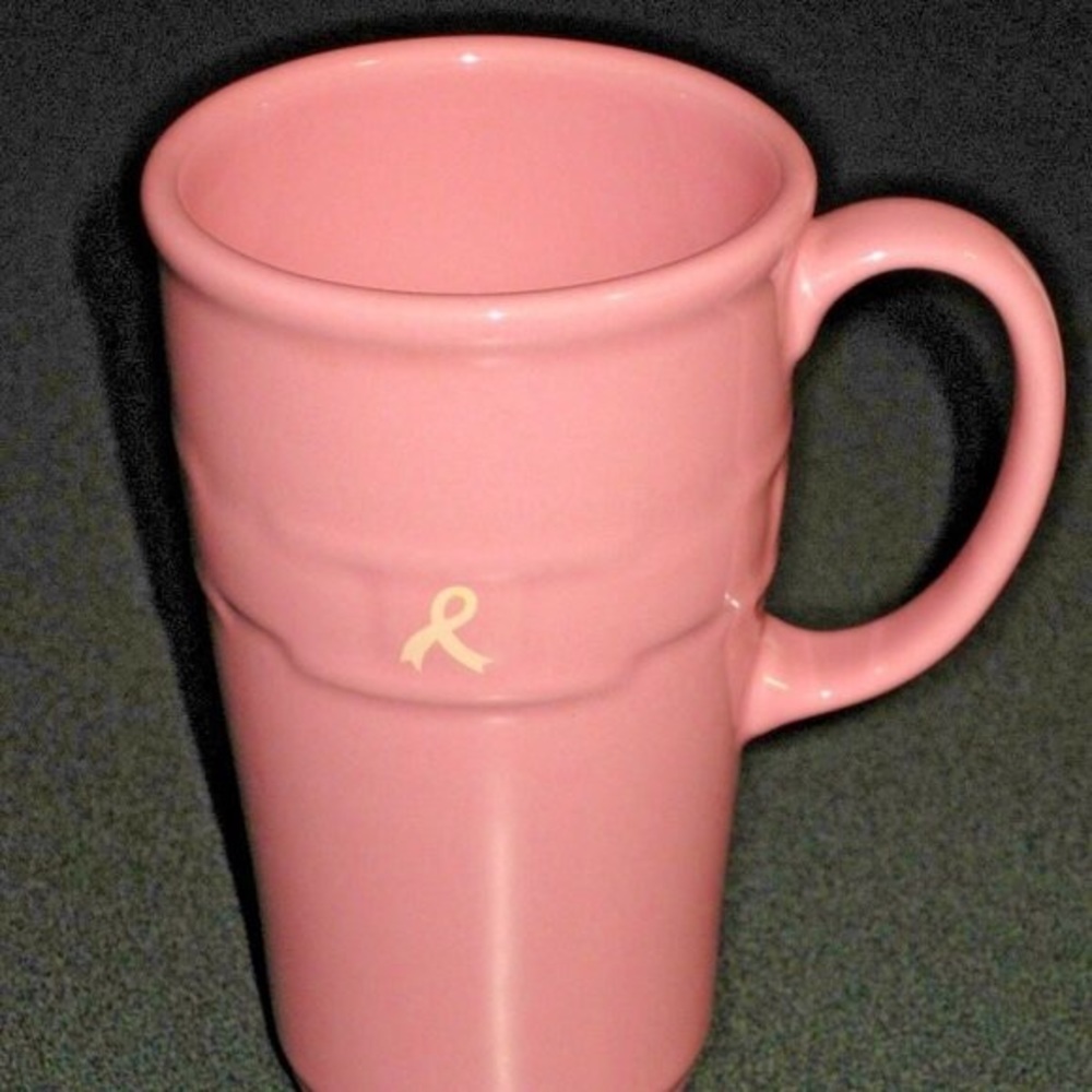 Longaberger Pink Ceramic Coffee Mug with Small Yellow Ribbon Accent